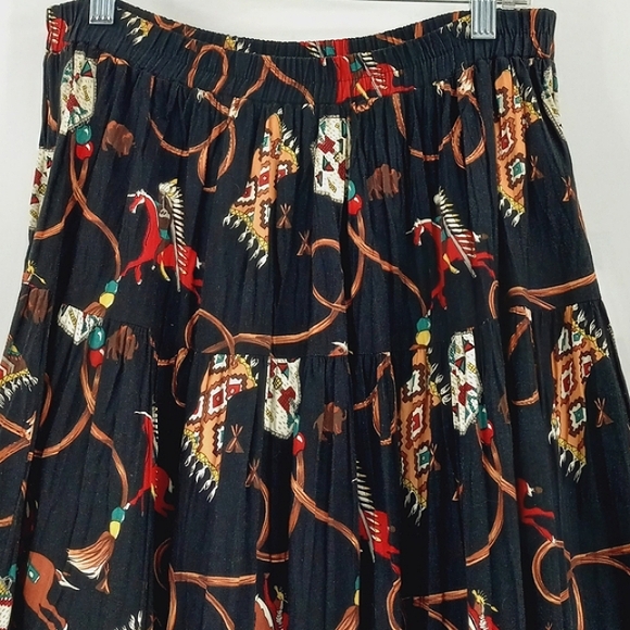 VINTAGE Circle T Native American Indian Chief Tribal Print Tiered Maxi Skirt M - Picture 11 of 13